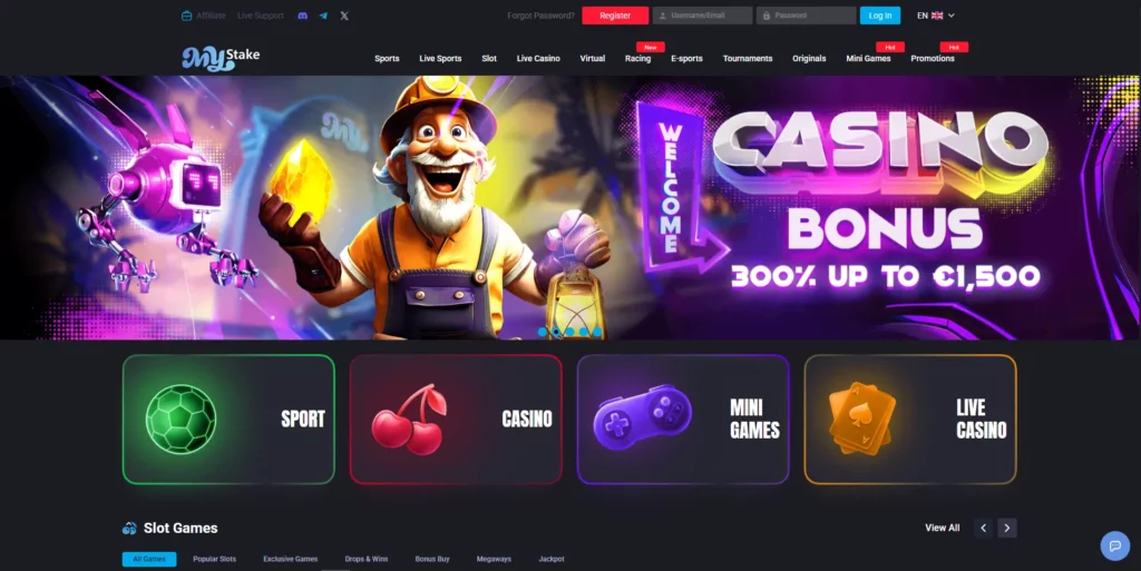 MyStake lobby screen showing slot categories and sportsbook tab for UK non-GamStop players